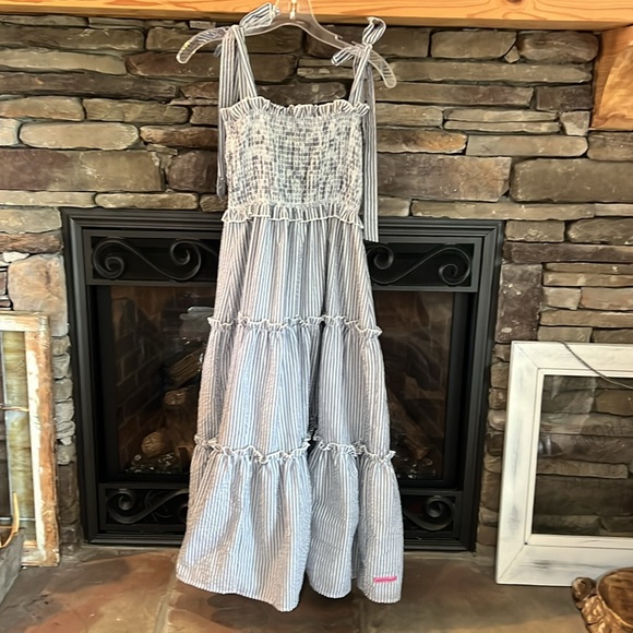Simply Southern Smocked Striped Seersucker Tie Shoulder Midi Dress Size Small - Picture 5 of 10